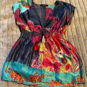 KOPA 100% Italian silk Colorful Floral V-Neck Top medium